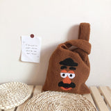 winter cartoon handbags plush shoulder bag  cute bear face embroidery