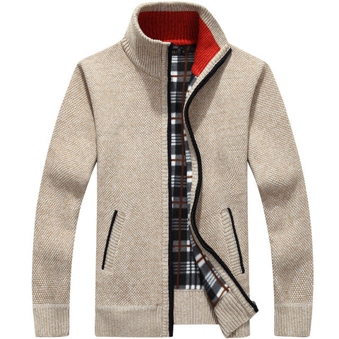 Winter Thick Men's Knitted Sweater Coat Off White Long Sleeve Cardigan Fleece Full Zip