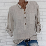 Womens Cotton Linen Stand Collar Shirt Clothing Plus Size 5XL White Solid Pocket Womens Shirts 2020
