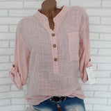 Womens Cotton Linen Stand Collar Shirt Clothing Plus Size 5XL White Solid Pocket Womens Shirts 2020