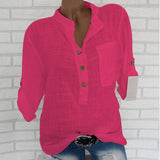 Womens Cotton Linen Stand Collar Shirt Clothing Plus Size 5XL White Solid Pocket Womens Shirts 2020