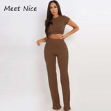 Women Ribbed O Neck Crop Top and Long Pants