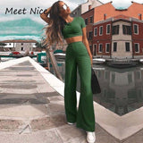 Women Ribbed O Neck Crop Top and Long Pants