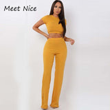 Women Ribbed O Neck Crop Top and Long Pants