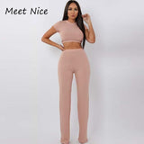 Women Ribbed O Neck Crop Top and Long Pants