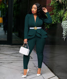 New Women Winter Women's Set Tracksuit Full Sleeve Ruffles Blazers Pencil Pants Suit Two Piece
